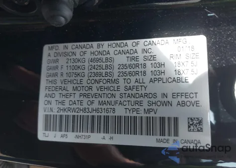 2018 Honda Cr-V Ex-L/Ex-L Navi z USA, uszkodzony, nr VIN 2HKRW2H83JH631678